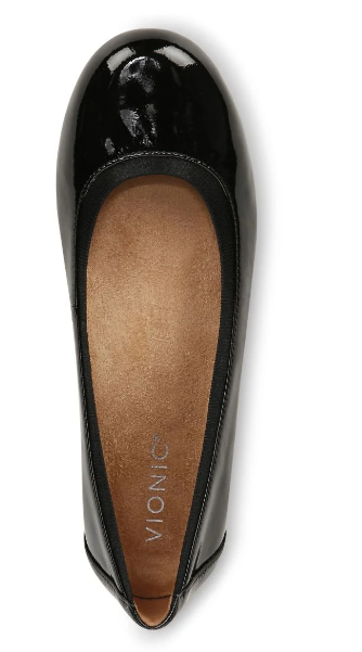 Vionic Anita Black Crinkle Patent Flat Women's